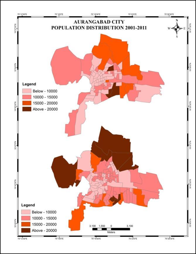 In Aurangabad city, there are 50 wards distributed with less than 10000 population and the lowest population was in Ward no.83 (Kundalik Nagar) 3402.
