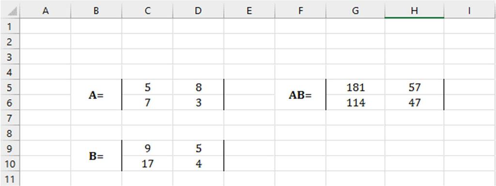 Operations with matrices in Excel Suppose that A and B are two 2-by-2 matrix and that you want to perform their multiplication MMULT (C5:D6,C9:D10) You need to select the result area G5:H6 (matrix is