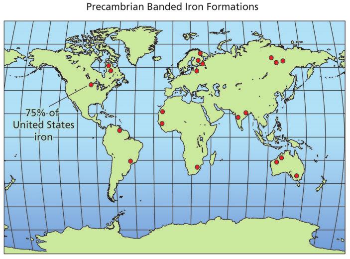 Chapter 8 Earth System Evolution Figure 3 Distribution of major banded iron formations. After about 2 billion years ago, the deposition of banded iron formations began to slow down.