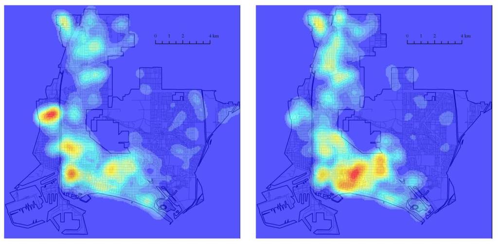 (b) Dynamic changes in residential burglary hotspots for two consecutive three-month periods beginning June 2001 in Long Beach, CA taken from [9].
