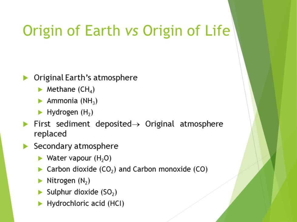 By the time the first sediments were being deposited, the original atmosphere consisting of methane (CH 4 ), ammonia (NH 3 ) and hydrogen (H 2 ) disappeared and was replaced by a secondary atmosphere