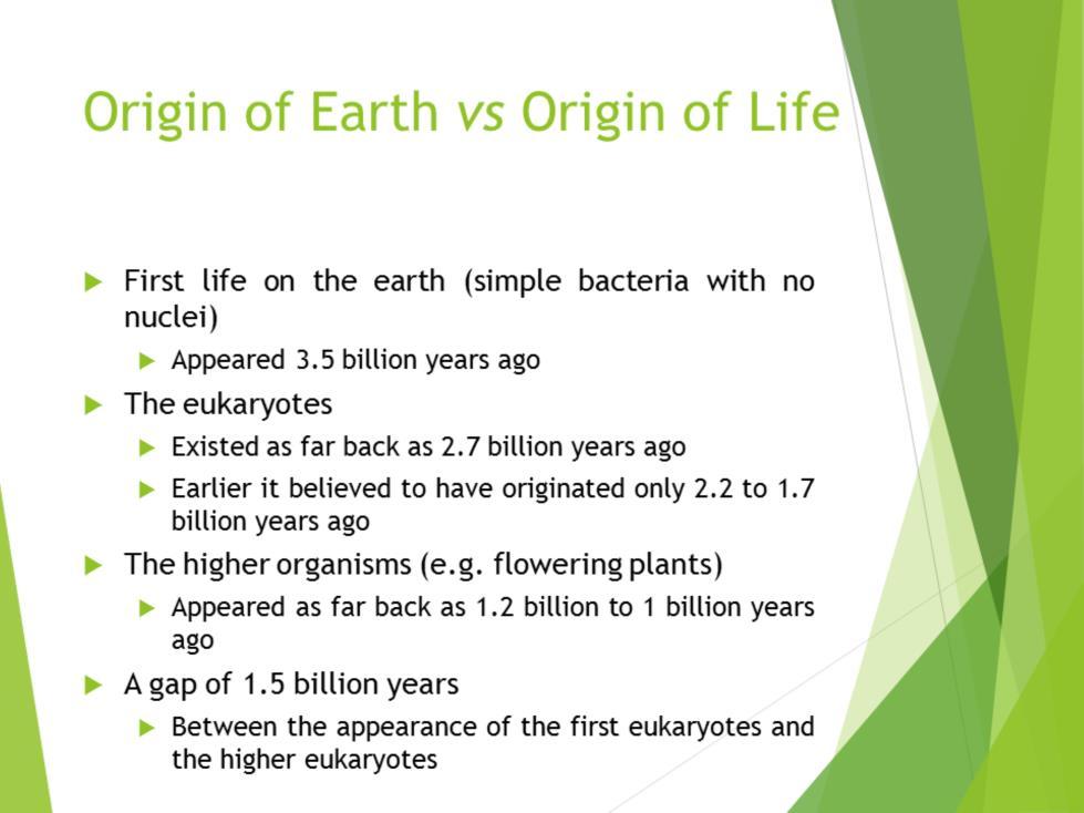 It is believed that the first life (simple bacteria with no nuclei) on this Earth appeared some 3.5 billion years ago.