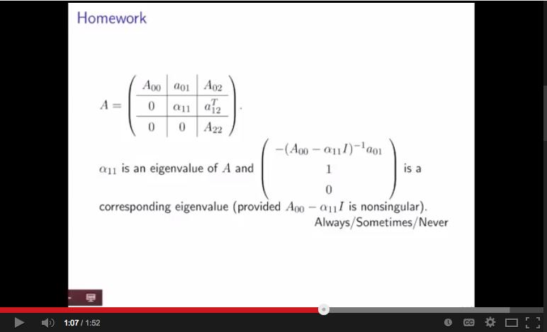 Week 12. Eigenvalues, Eigenvectors, and Diagonalization 536 Homework 12.3.1.1 Let A R n n be a diagonal matrix: A = α, α 1,1 α 2,2.