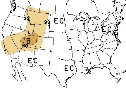 In the forecast periods for the next three overlapping seasons (April-June, May-July, and June-August 2007), the area of increased risk of below average precipitation includes western Colorado, all