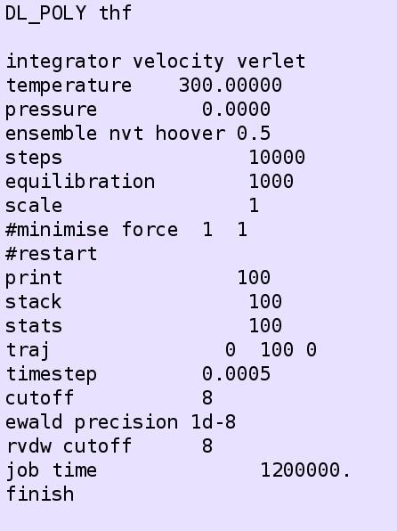 If we want the system temperature to be conserved, we need to perform an NVT simulation. To do so, slightly modify the CONTROL file: change ensemble, choose the temperature, and rerun.