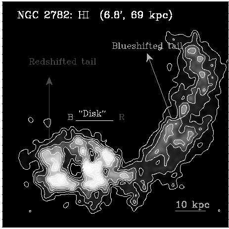 Tracing cold atomic gas in galaxies Visible light image shows a rather undisturbed disk and no tail to the right The 21 cm map shows a