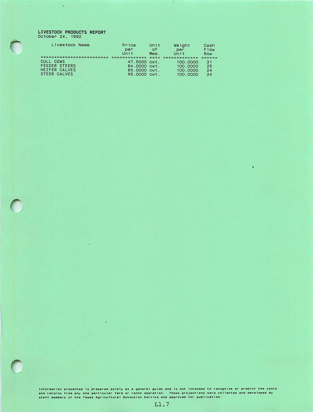 r LIVESTOCK PRODUCTS REPORT October 24, 1992 Livestock Name Price Unit Weight Cash per of per Flow Unit Mes. Unit Row C U L L C O W S 4 7. 5 0 0 0 c w t. 1 0 0.