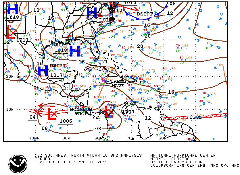 Figure 2 NHC surface map for 9:00 am, July 6, 2012, showing active tropical wave just west of Jamaica heading westwards at 15 mph.