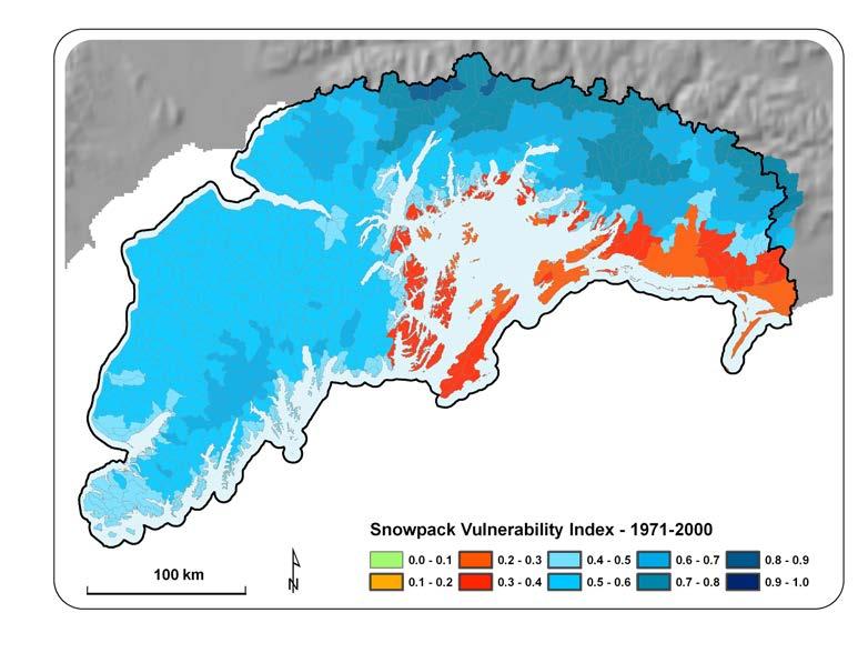 Snowpack vulnerability index Frac+on of