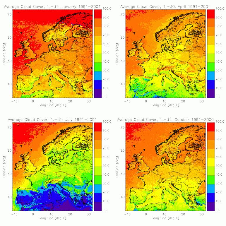 Figure 2: Means of total cloud cover in Europe from NOAA/AVHRR noon overpass data.