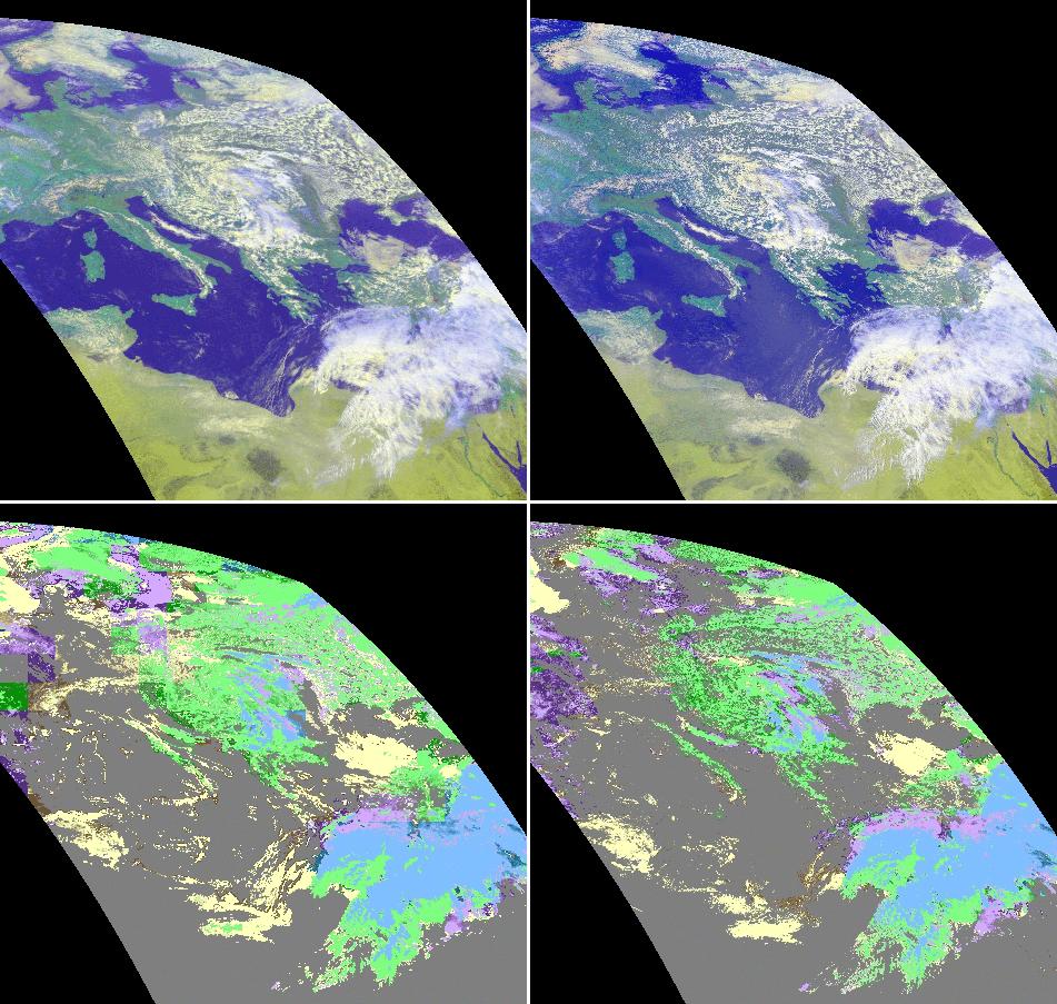 Figure 8: Comparison of two scenes observed with MSG/SEVIRI (left) and NOAA/AVHRR (right) at almost the same time (11:57 UT) on April 24 th, 2004.