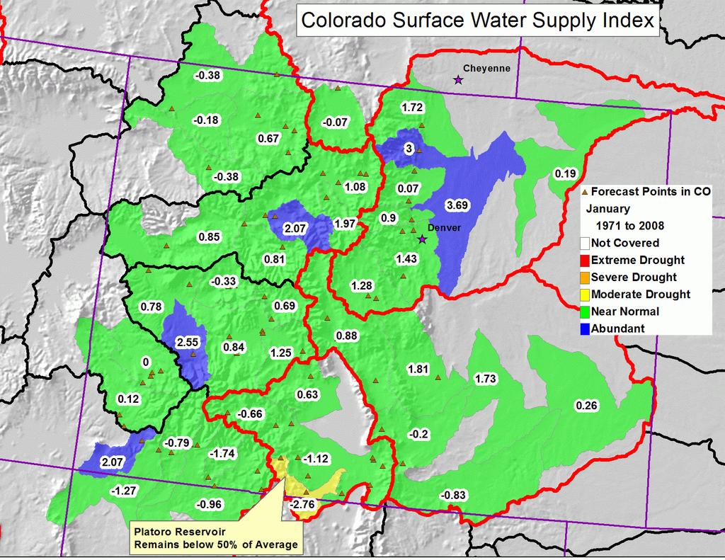 ADDITIONAL INFORMATION ABOUT COLORADO SWSI CALCULATIONS - The SWSI for each basin is based on probability of nonexceedance (PN) curves for each of three components: reservoir storage, streamflow, and