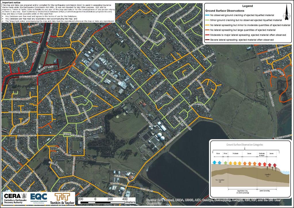 Figure 5 Ground surface observations of liquefaction and lateral spreading following 13th June 2011 earthquake (from steet-level ground mapping)