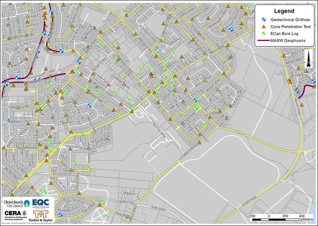 Figure 9 Locations of suburb-wide ground investigations undertaken by EQC following September 2010 and February 2011