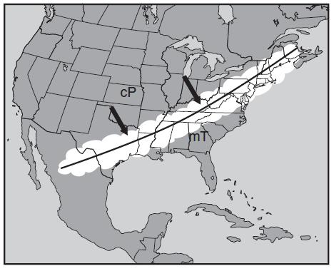 7. On the frontal boundary line on the weather map provided to the right, draw the weather front symbol to represent the front moving toward the southeast. 8.