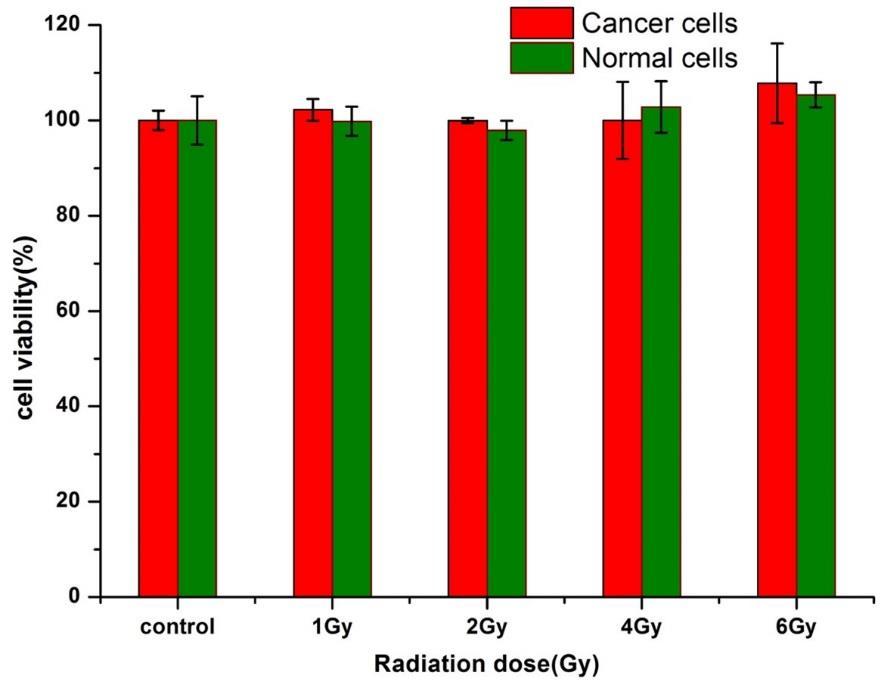Supplementary Figure S5: The viability of cancer cells (Panc1) and normal cells(hek293) exposed to different radiation doses.