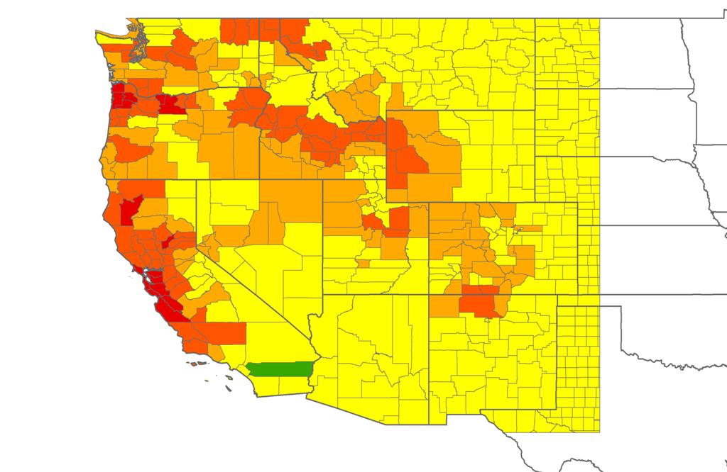 Many populous counties in the West experience 40-150% increases in smoke PM 2.5 by 2050s.
