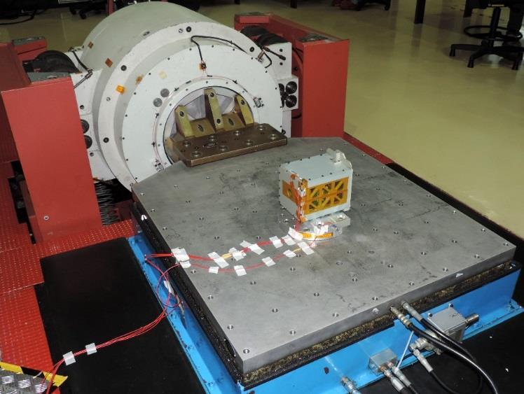 Nano-satellite instrumented with vibration sensors (accelerometers) able to read acceleration taking place at the location and direction(s), along the frequency sweeps Nano-satellite