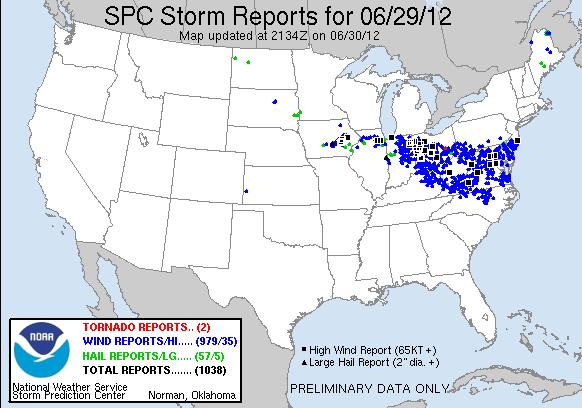 Figure 2. Storm reports from the Storm Prediction Center for the 24 hour period ending at 1200 UTC 30 June 2012. Return to text as a progressive derecho.