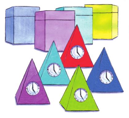 D Nicolas thinks the clock pyramids should be a little larger so they will fit in the gift boxes he can buy. He wants the new pyramids to have a volume of 2 1 2 dm 3 each. 22. a. Write the reverse arrow string to find the area of the base of the new pyramid.