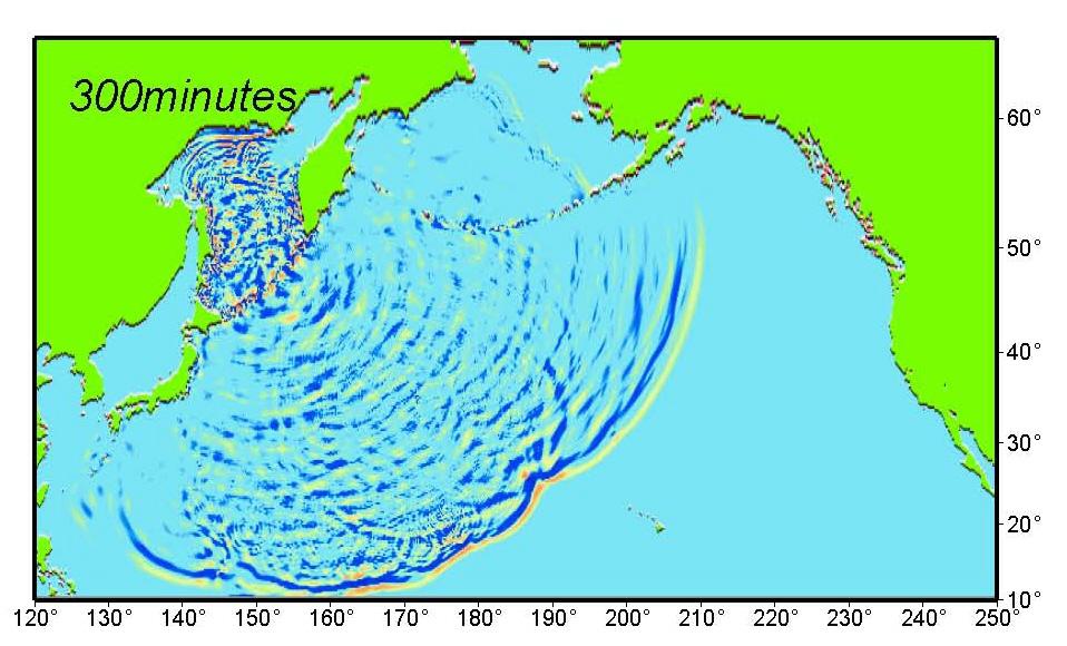 At 6 and 7 h after the earthquake, large tsunamis continue to propagate toward