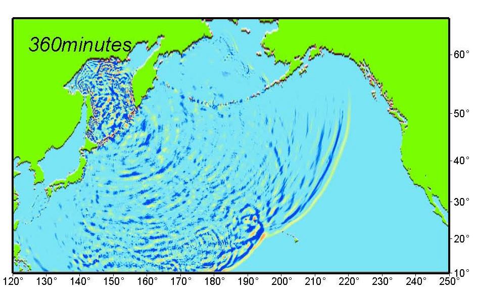 The tsunami propagates continuously toward the west.