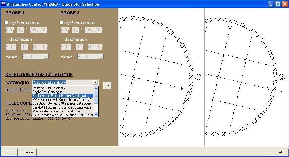 from which we can select the following By selecting Pointing grid catalogue and position and proper motion catalogue and by clicking on the two arrow button, we can see in principle