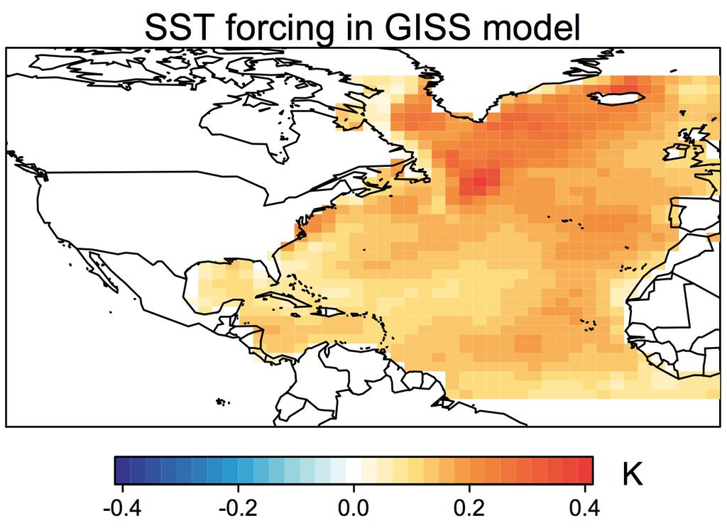 Figure S3. Map of perturbed SSTs used as boundary conditions in the ModelE2 for AMO simulations.