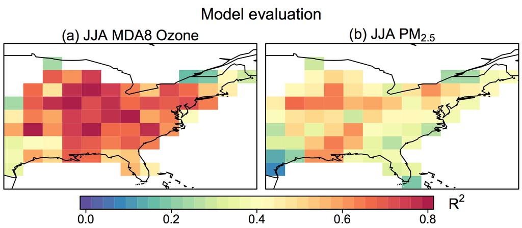 (a) Maps of coefficients of determination (R 2 ) between observed and predicted JJA seasonal mean MDA8 ozone concentrations