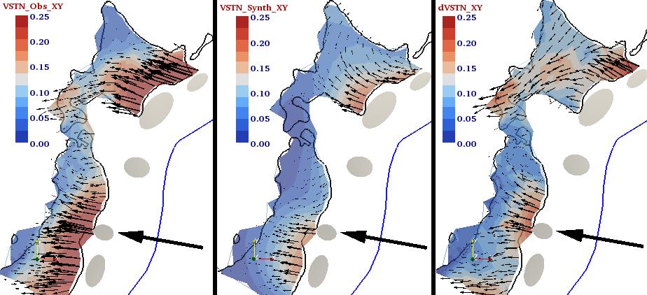 5-28 Figure 5-9. Observed (left), synthetic-backslip (middle), and residual (right) horizontal GPS velocity fields (relative to a fixed Okhotsk plate) for the period 1996-2000.