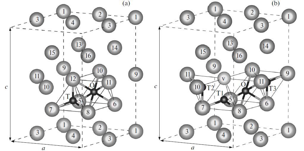 Fig.1 Supercells of Zr-H (a) and Zr-H-Vac system (b), where a and c are supercell s parameters hydrogen atoms in tetrahedral position T (T1 T2 T3) or octahedral position O.