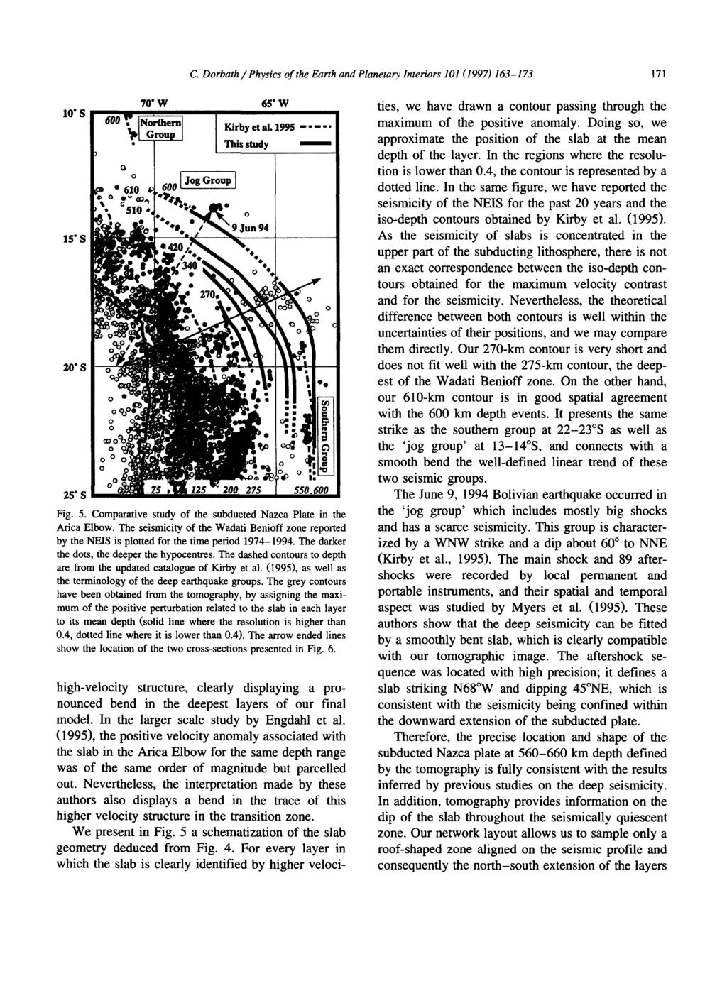 C. Dorbath / Physics of the Earth and Planetary Interiors 101 (1997) 163-173 171 10" S 15" $ 20"$ 2S" $ 70"W 65"W Fig. 5. Comparative study of the subducted Nazca Plate in the Arica Elbow.