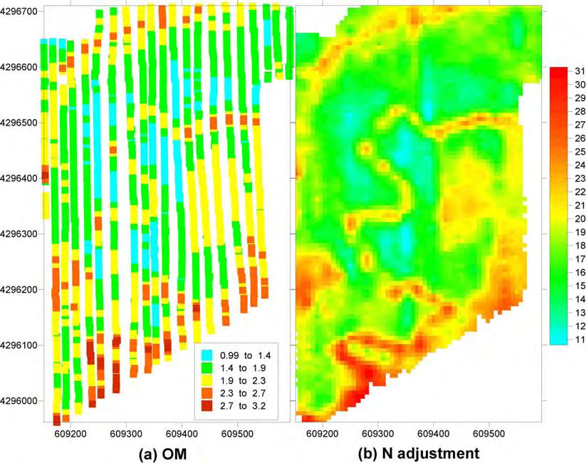 Fig. 4. Organic matter and nitrogen adjustment maps for field 5. There are two potential ways the nitrogen adjustment could be used.