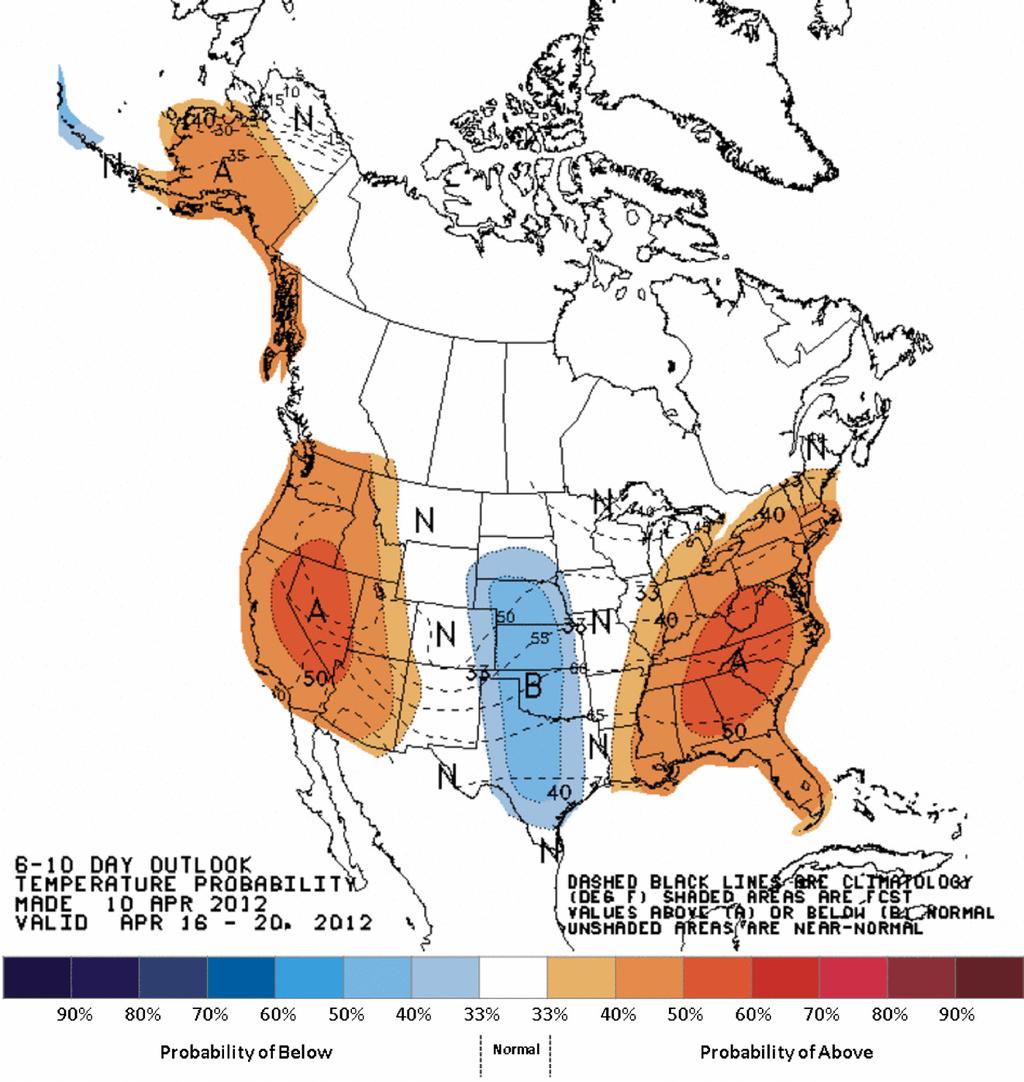 Darker shaded areas indicate a higher probability of above or below normal temperatures.