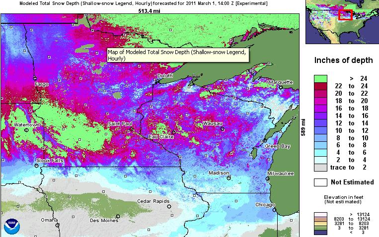 Still widespread amounts of 10-20 in WI/MN Liquid water in the snowpack (SWE) is generally in the 2 to 4 inch range, with
