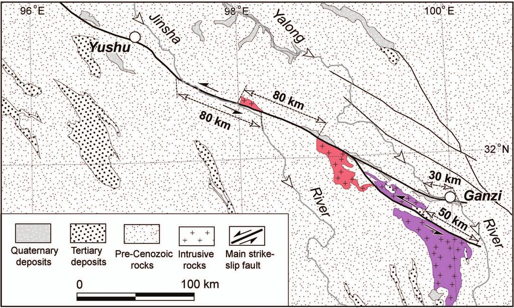 LATE CENOZOIC STREAM DEFLECTION 633 FIG. 8. Sketch map showing the 80 km stream deflection of the Jinsha River channel, as well as the same magnitude offset of Triassic granite bodies.
