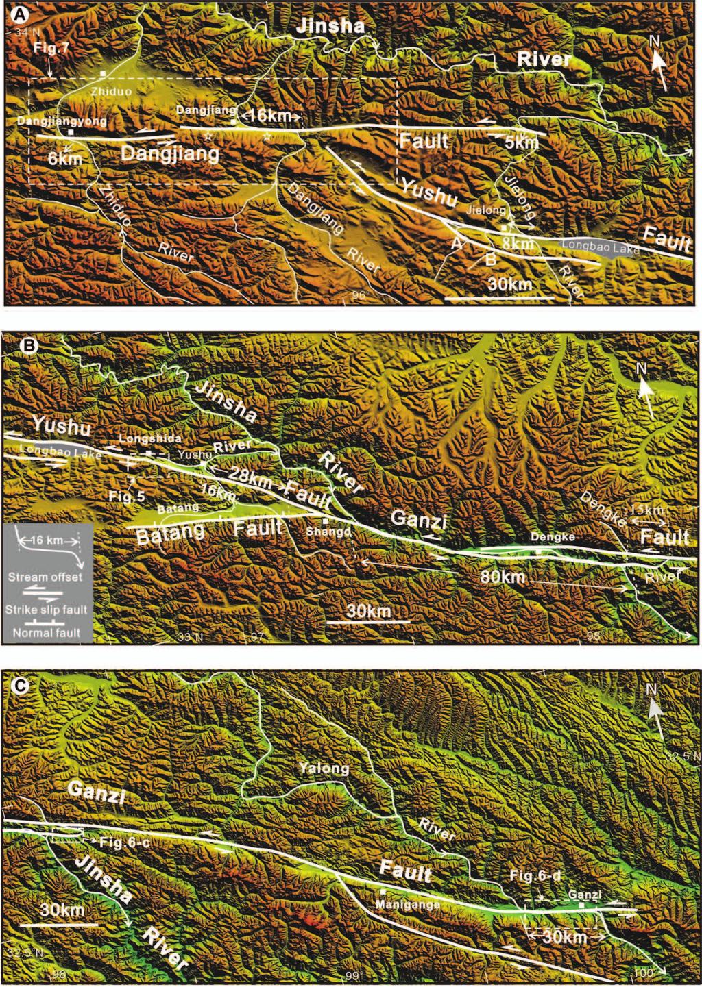 WANG SHIFENG ET AL. 626 FIG. 2. Drainage basin of the Jinsha River and active fault trace of the Ganzi Yushu segment of the XSF. Channel deflections of some Jinsha River tributaries are also shown.