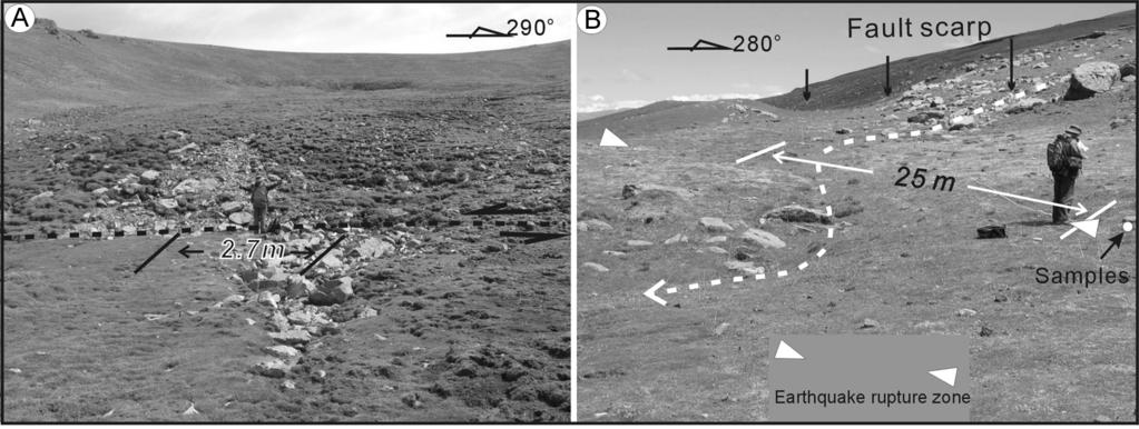 628 WANG SHIFENG ET AL. FIG. 4. Photographs of stream channel deflections observed in the field. A. 2.7 m stream deflection attributed to a historically documented earthquake in 1735. B.