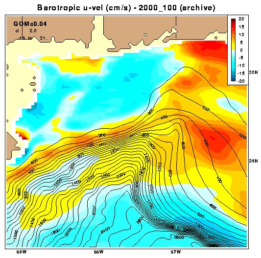 1/25 Nested HYCOM forced by NOGAPS Jet flowing eastward along isobaths The depth changes in isopycnals across the current serve as a potential energy
