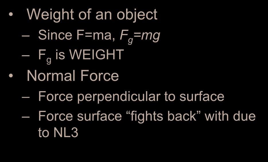 Weight of an object Since F=ma, F g =mg F g is WEIGHT Normal Force Ch4