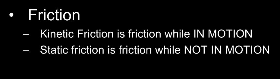 Ch4 Specifics Friction Kinetic Friction is friction while IN