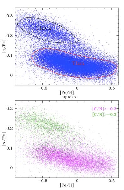 C/N and Mass of RGB stars High-α/thick disk and low-α/ thin disk stars have markedly different [C/N] ratios This is a by-product of a combination of