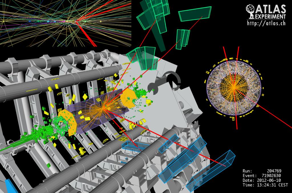 ATLAS: Candidate event for the decay of a SM Higgs boson into 4 muons (in red).