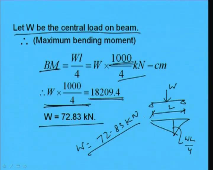(Refer Slide Time: 47:45) Now, if the W is the central load on the beam then maximum bending moment we can find out Wl by 4 because for a simple supported beam maximum bending moment will develop