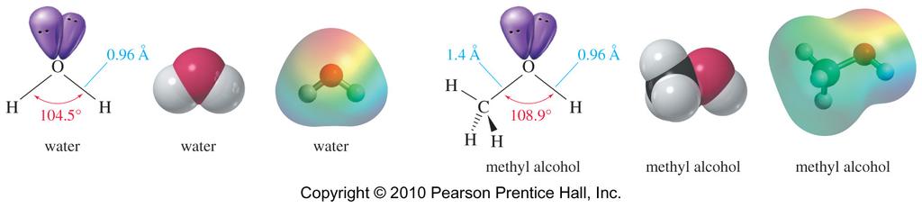 Alcohols 2010, Prentice Hall 17 Structure of Water and Methanol Oxygen is sp 3 hybridized and