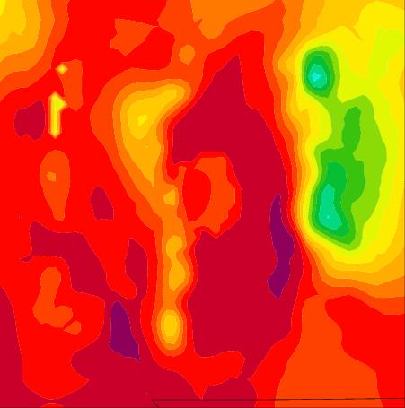 (top left: MM5 forecast, top right: WRF analysis, bottom: WRF forecast) A lower temperature forecast in the lower atmosphere also exists in Domain 2.