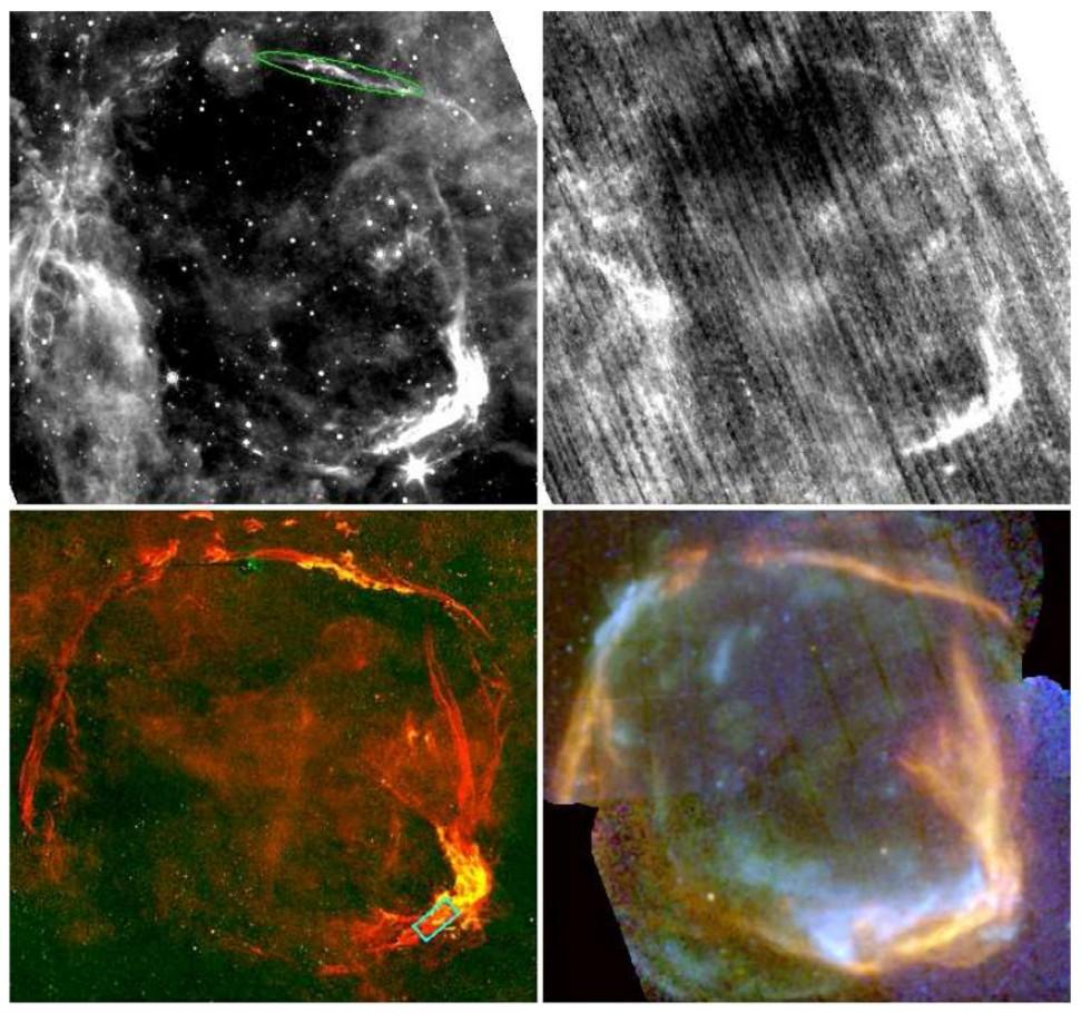 [ A filament in the NW stretching 7 ] Significant correlation between IR, X-ray, and optical images a tight coupling between IR-emitting dust & X-ray-emitting gas.