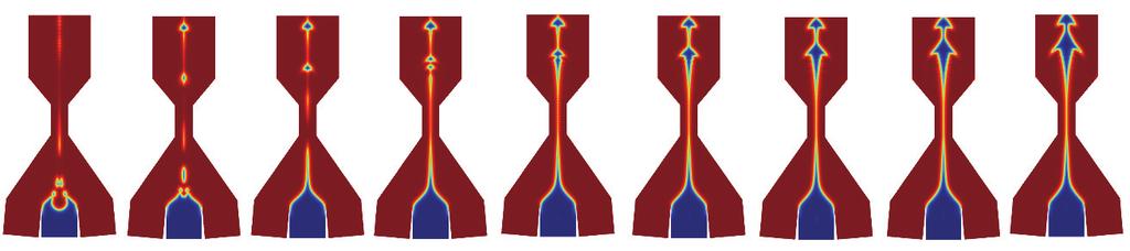 Vfluid2= 170 mm/s, respectively; A: Vfluid1= 77 mm/s; B: Vfluid1= 47 mm/s; C: Vfluid1= 7 mm/s. Figure 5. One single shot (at t=0.