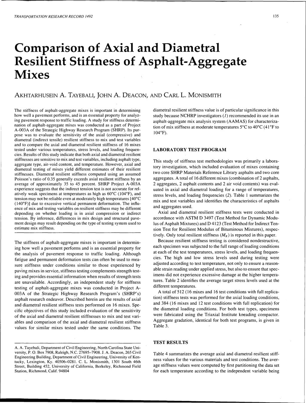 TRANSPORTATION RESEARCH RECORD 1492 135 Comparison of Axial and Diametral Resilient Stiffness of Asphalt-Aggregate Mixes AKHTARHUSEIN A. TAYEBALI, JOHN A. DEACON, AND CARLL.