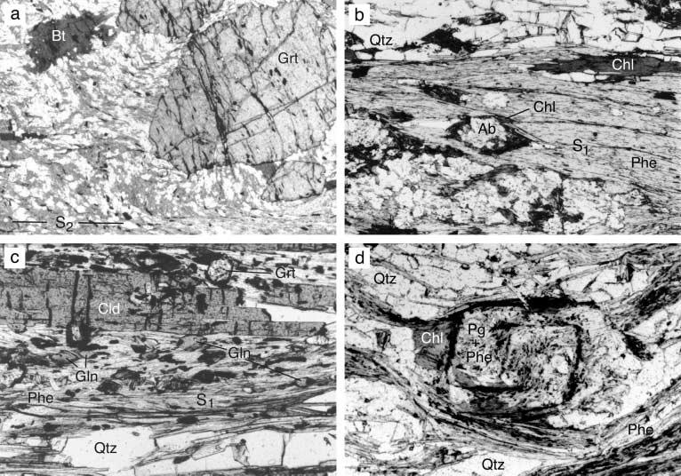 BROOKS RANGE P T STRUCTURE 275 Fig. 7. Photomicrographs of metamorphic minerals and textures.